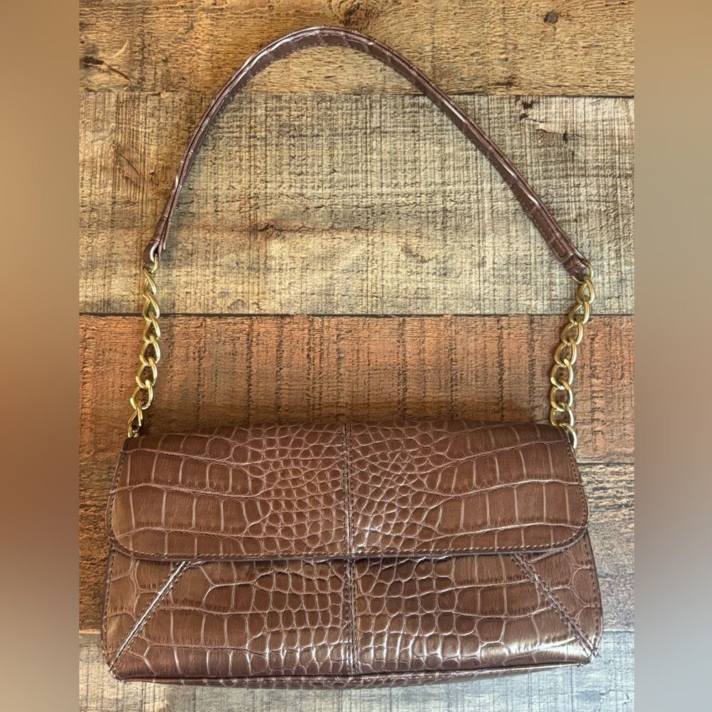 Vintage Liz Claiborne Faux Croc Embossed Shoulder Bag Mini Purse Brown 9”x5”